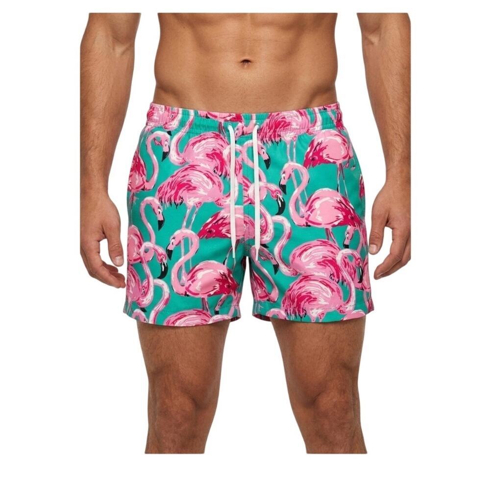Men's Chubbies Flamingo Swim Trunks Size Medium Green Pink Lined Beach Shorts